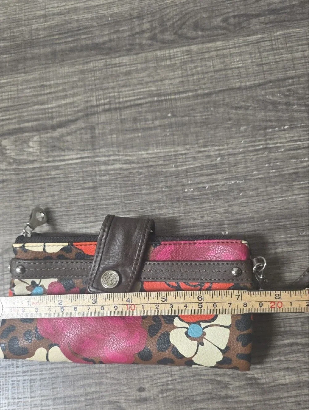 Relic Brown Floral Leopard Wristlet with Pink & Orange Accents